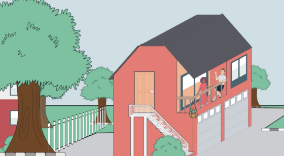 Illustrated image of a red house, trees and two people standing on the house porch