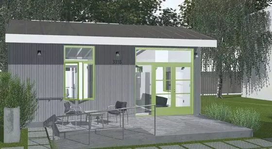 Illustrated rendering of a small grey home