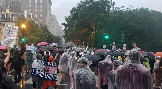 a group of protesters outside on the street in the rain